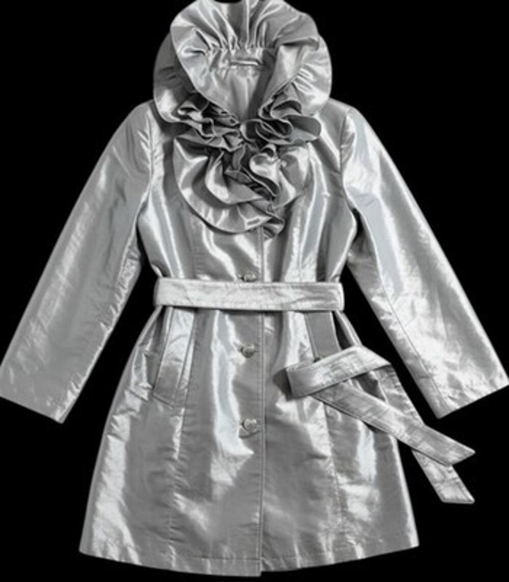 Metallic Liquid Silver Ruffle Collar Trench Coat Belted Holiday Party Glam 1X